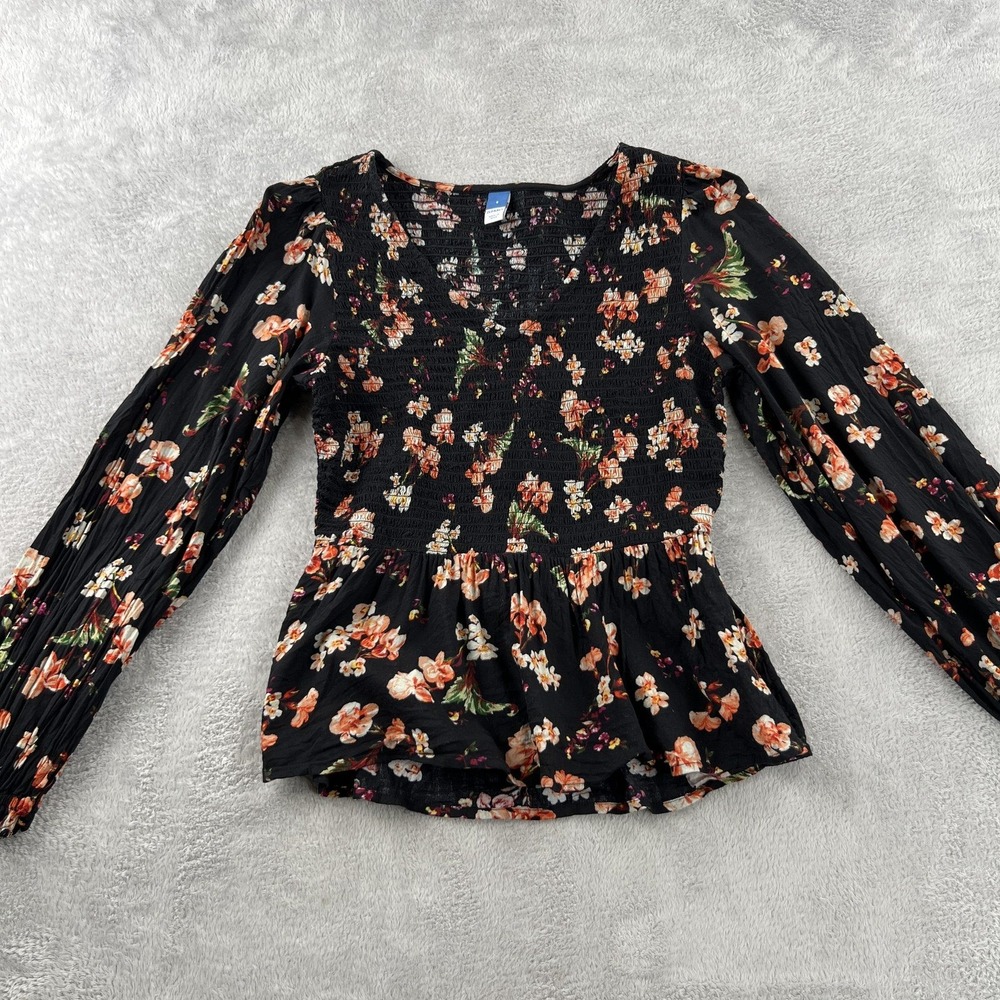 Old Navy Floral Smocked Peplum Top S Black Women Boho Cottagecore Long Sleeve